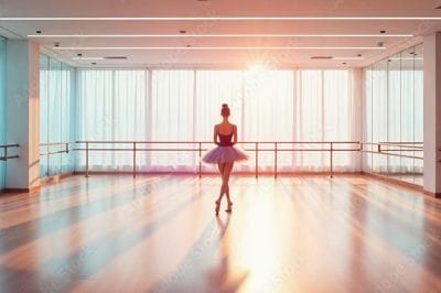 ballerina standing in sunlit dance studio