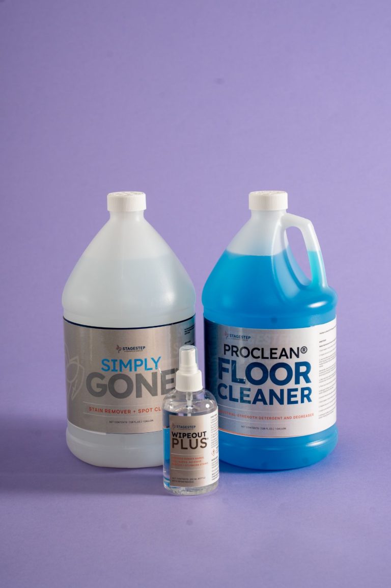 standard dance floor cleaning kit including proclean floor cleaner, wipeout plus and simplygone